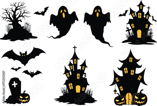 Halloween silhouettes, haunted house, spooky tree, flying bats, scary ghosts, graveyard scene, carved pumpkin, horror theme, dark night, festive illustration
