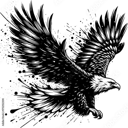 Soaring Majesty: A powerful eagle soars gracefully with widespread wings, displaying an emblem of strength, freedom, and soaring spirit in an artistic monochrome.