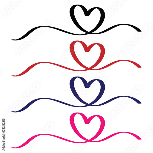 Set of four stylized heart ribbon graphics in black, red, blue, and pink, perfect for design projects and decorations