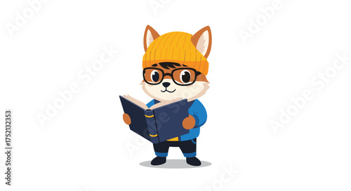 A cute pixelated fox wearing a yellow hat and glasses reads an open book.