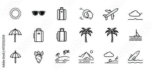 Summer vacation planning icons set with beach essentials and travel related elements vector illustration