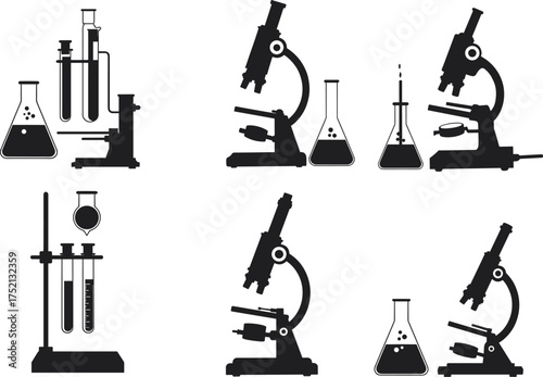 Laboratory equipment, science tools, microscope, test tube, flask, silhouette icons, research setup, chemistry lab, black and white, scientific illustration