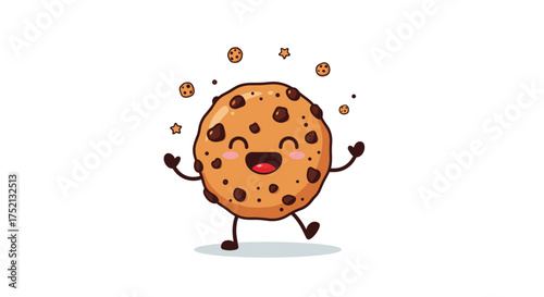 A happy chocolate chip cookie is joyfully dancing with crumbs flying around it.