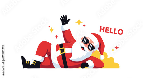 A cool santa claus wearing sunglasses and waving hello with stars sparkling around him.