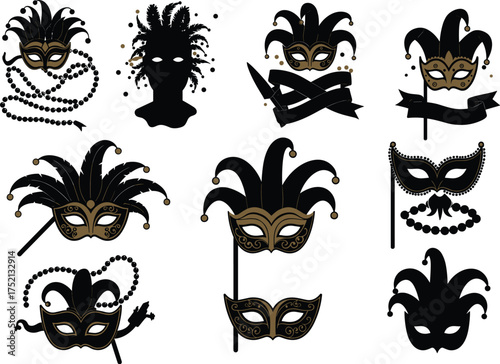 Mardi Gras, masquerade, mask, silhouette, feathers, beads, jester, carnival, celebration, festive, ornate, gold, black, accessories, costume, party, tradition, elegance, theatrical, cultural