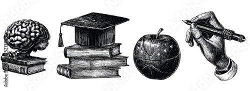 Symbolic illustration showcasing education knowledge sports writing and creative brain power with an academic cap