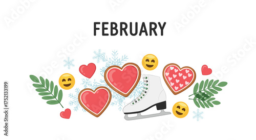 February decorations with hearts snowflakes and ice skates.