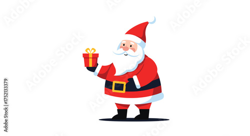 A cheerful cartoon depiction of Santa Claus holding a brightly wrapped gift box.