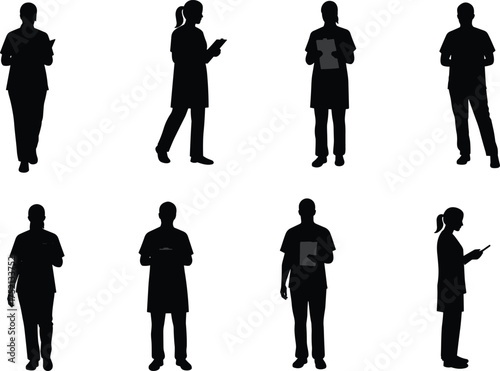 Medical professionals silhouette, doctors, nurses, healthcare workers, reading, writing, holding clipboards, tablets, hospital staff, clinical attire, teamwork, patient care, documentation