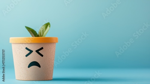 A sad plant in a pot, displaying an unhappy face, with green leaves against a blue background, conveying a sense of emotion and care for nature.