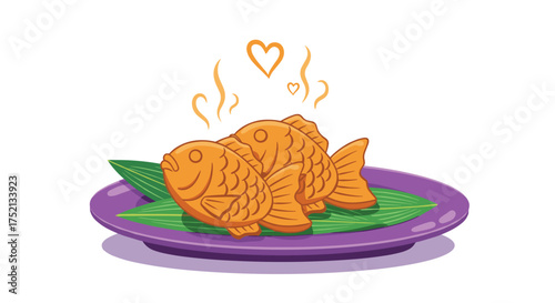 A delightful serving of warm fish shaped cakes on a purple plate with green garnish.