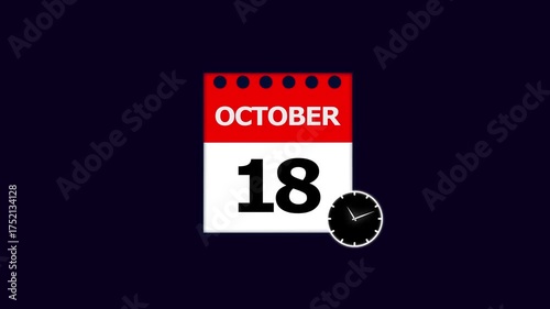 October 18th Calendar Page with Clock Icon on Dark Blue Background eighteenth date