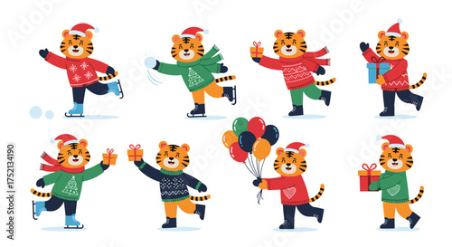 Cute cartoon tigers celebrating holidays and new year with gifts and balloons.