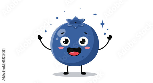A happy blueberry character with a cheerful expression and sparkling eyes.