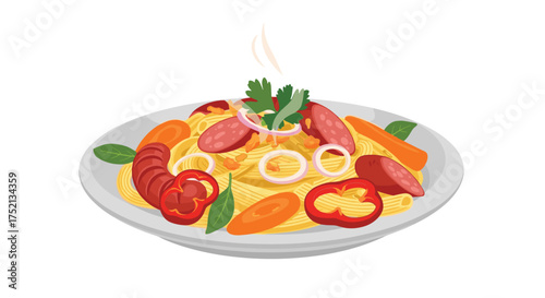Delicious pasta dish with fresh vegetables and savory sausages served on a white plate.