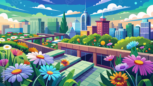 Very beautiful rooftop garden full of colorful daisies overlooking modern city skyline, blending nature and urban life in a peaceful green space.
