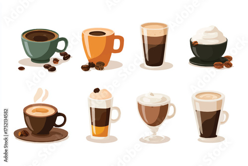 Variety of Coffee Drinks in Colorful Cups with Coffee Beans Vector Illustration Delicious Beverages Selection