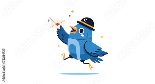A happy blue bird with a hat delivering mail on a sunny day.