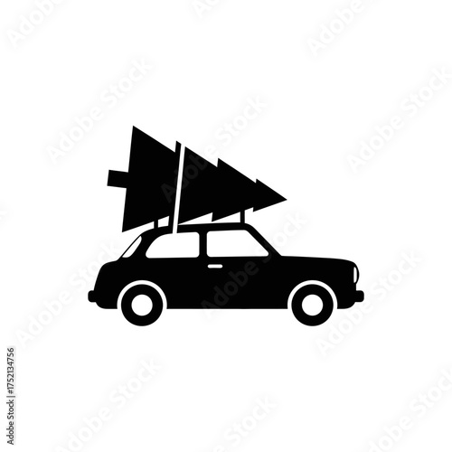 Silhouette of a Car Carrying a Christmas Tree on Its Roof.