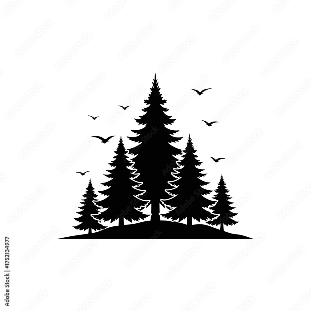 Fototapeta premium Silhouette of evergreen trees with flying birds on a white background.