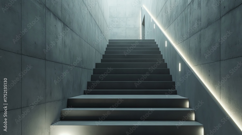 Fototapeta premium A staircase with concrete walls on both sides, minimalist handrail and geometric lighting