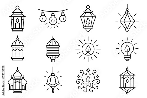 Sacred Lantern Icon Set. Outline icon set of sacred lanterns and lamps: hanging lantern, oil lamp, candle flame, lamp halo