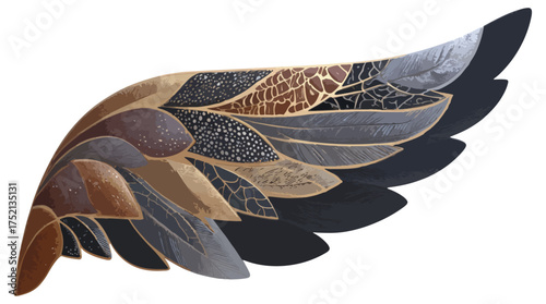 Decorative wing illustration with feather details and varied textures