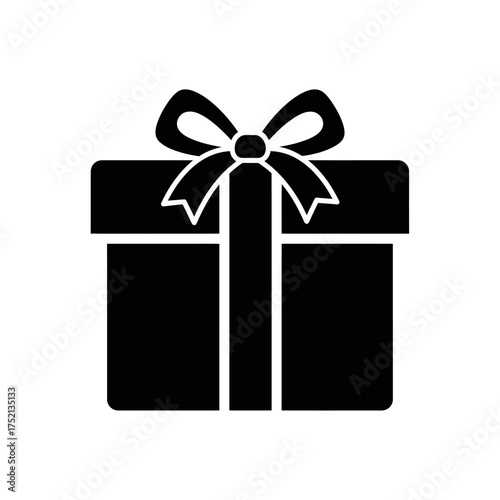 Simple Black and White Gift Box Icon with Ribbon.