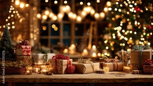 decorated xmas table with merry christmas gifts in cozy santa home interior banner happy new year presents boxes in workshop late in night with lights on xmas tree holiday eve background no logos no 