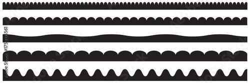 Scalloped edge line border strokes set. Fabric laces silhouette frame. Repeat cute vintage frill ornament. Black color Scalloped edge. Vector illustration. EPS 10.
