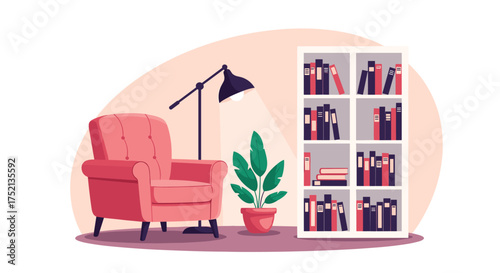 A cozy reading nook featuring a plush armchair a floor lamp and a bookshelf filled with books.