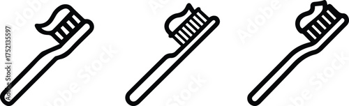 Toothbrush with Toothpaste Line Icon Set.