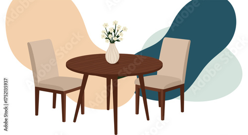 A minimalist dining area with two chairs and a small table decorated with flowers.