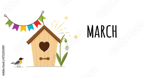 A charming birdhouse welcomes the arrival of spring in march with festive decorations and new life.
