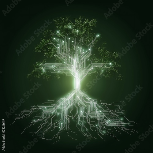 Digital Tree with Glowing Circuit Board Roots and Branches, Technology and Nature Fusion Concept