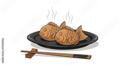 Two delicious fish shaped cakes served on a black plate with chopsticks.