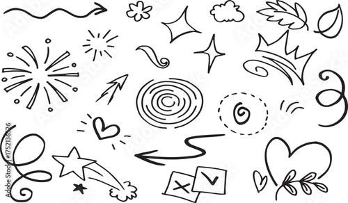 A collection of hand-drawn doodle , featuring stars, hearts, swirls, and decorative flourishes, perfect for adding whimsical charm and visual interest to various creative projects