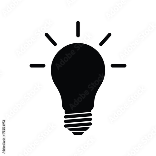 Creative light bulb icon with rays emanating from it symbolizing innovation and new ideas on a plain white backdrop