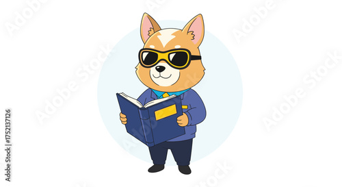 A stylish anthropomorphic fox wearing aviator sunglasses and a blue blazer reads a book on a white background.