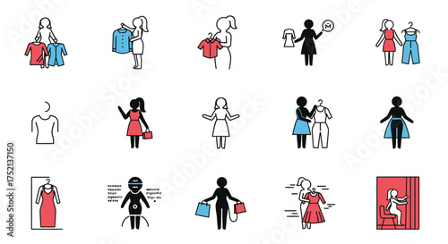 A collection of fifteen vector icons depicting women shopping for clothes, trying on garments, and holding shopping bags in various poses.