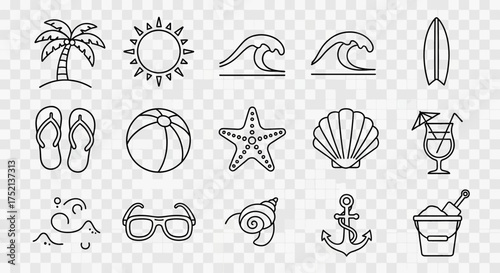 A collection of outlined summer and beach themed icons including a palm tree, sun, waves, surfboard, flip-flops, beach ball, starfish, seashell, cocktail, sunglasses, and anchor.