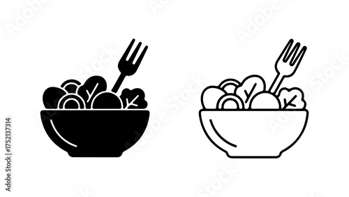 A set of two salad bowl icons, one solid black glyph and one outline style, representing healthy eating and nutrition.