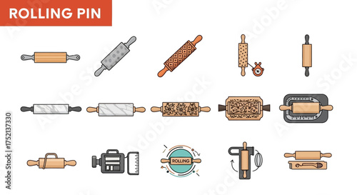 A collection of rolling pin illustrations, showcasing various designs, materials, and styles for baking and cooking purposes.