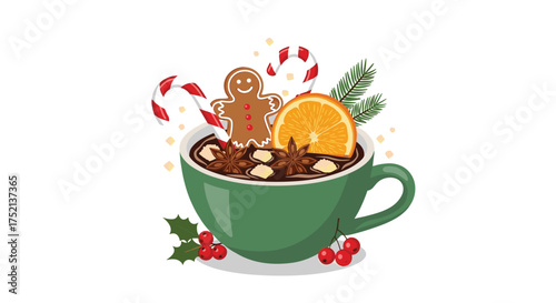 A festive mug of warm spiced holiday drink adorned with gingerbread and orange slices.