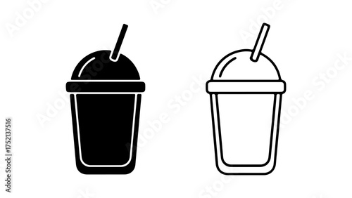 A set of two vector icons showing a smoothie cup with a dome lid and straw, presented as a black glyph and a simple outline.