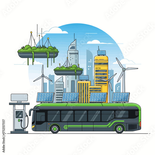 Visionary concept of an eco-friendly metropolis with smart public transport and renewable energy sources for a sustainable future