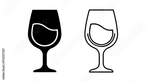 Two wine glass icons, one solid black silhouette and one thin line art outline, isolated on a white background.