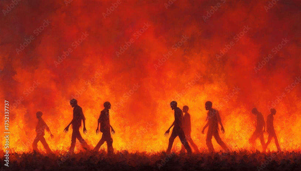 Fototapeta premium Zombies Strolling Amidst Burning Flames In A Painting - This Artwork Depicts Undead Creatures Casually Walking Through Fiery Flames.