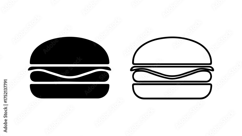 Fototapeta premium A set of two simple hamburger icons, one solid black glyph and one outline style, isolated on a white background.