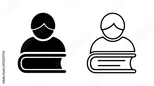 A set of two icons depicting a person or student with a book, shown in both solid and outline styles.